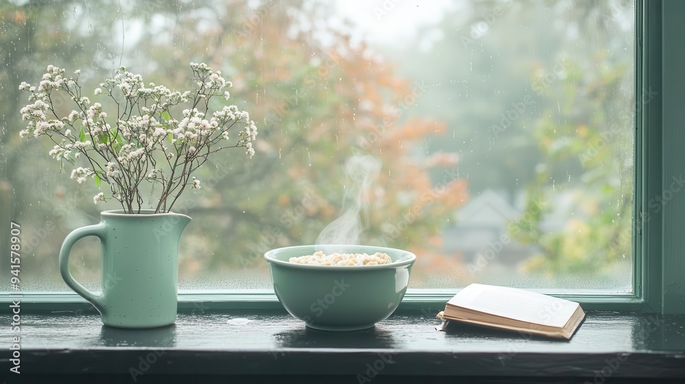 A cozy breakfast by a window on a rainy day, with a steaming bowl of porridge, a mug of tea, and a good book, morning breakfast, comfort and serenity A cozy breakfast by a window on a rainy day, with a steaming bowl of porridge, a mug of tea, and a good book, morning breakfast, comfort and serenity