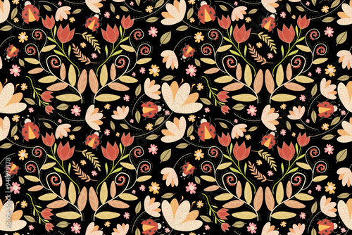 Quadro su tela seamless beatle with floral pattern