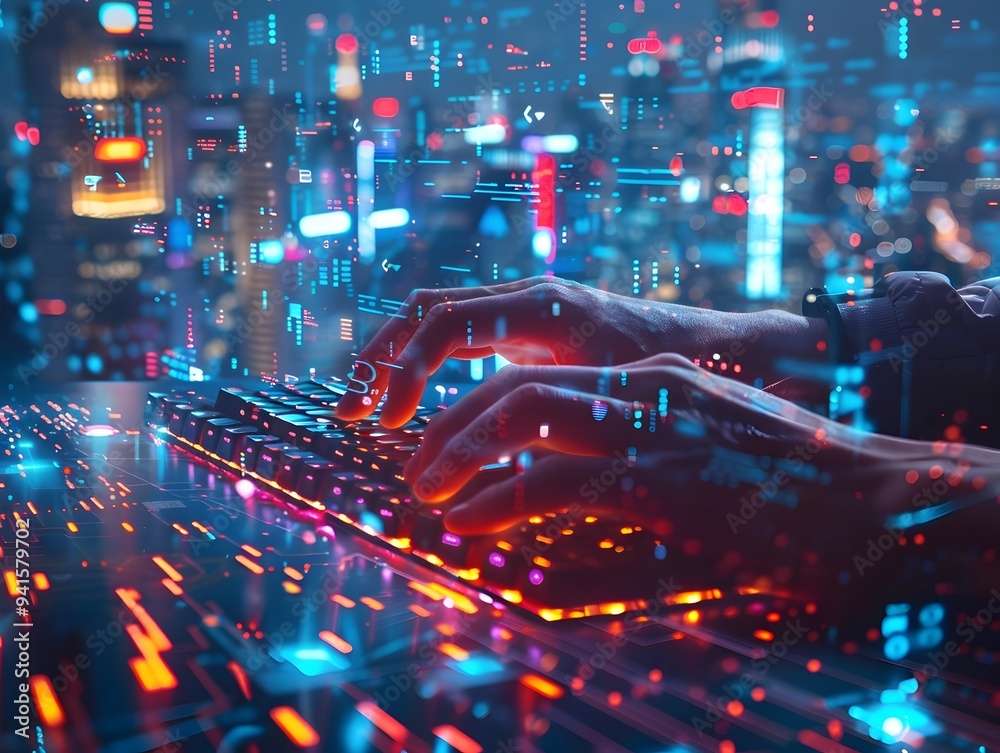 Hacker Typing on Holographic Keyboard in Futuristic Digital Cityscape Hacker Typing on Holographic Keyboard in Futuristic Digital Cityscape