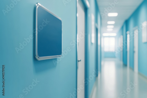 A clean, modern corridor in a healthcare facility featuring blue walls and a blank sign for customizable information.