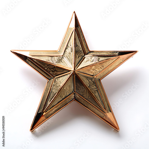 Golden star isolated on a white background, top view close-up of the gold Star