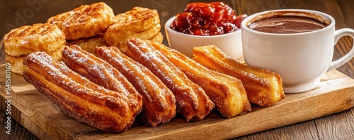Spanish breakfast spread with churros, hot chocolate, and a selection of tapas, morning breakfast, cultural and savory