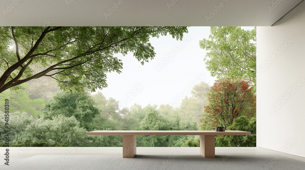 Fototapeta premium a foto of image a minimalist table, carpet surface, a left side big window, on natural light.