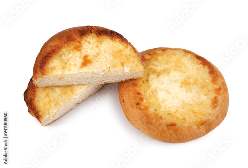 Khachapuri. Cut in half and whole bun with cheese isolated on white background.Cheese pie. photo