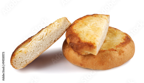 Khachapuri. Cut in half and whole bun with cheese isolated on white background.Cheese pie. photo