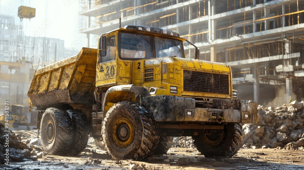 A rugged yellow dump truck positioned at a construction site, surrounded by debris and machinery, highlighting industrial work. A rugged yellow dump truck positioned at a construction site, surrounded by debris and machinery, highlighting industrial work.