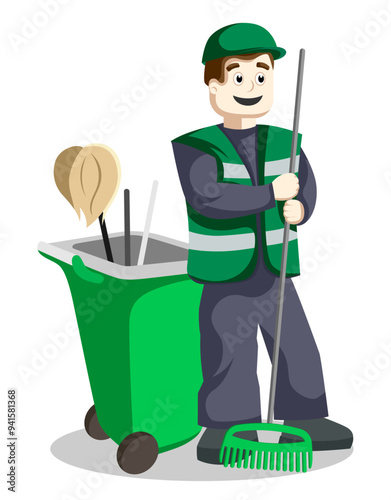 Cartoon of urban cleaning worker with cleaning equipment, isolated illustration for advertising poster