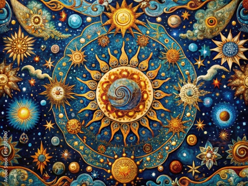 Celestial Tapestry: Vibrant blues and golds, cosmic patterns, ethereal atmosphere, intricate embroidery technique