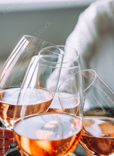 Obraz na płótnie Glasses of rose wine seen during a friendly party of a celebration. w salonie