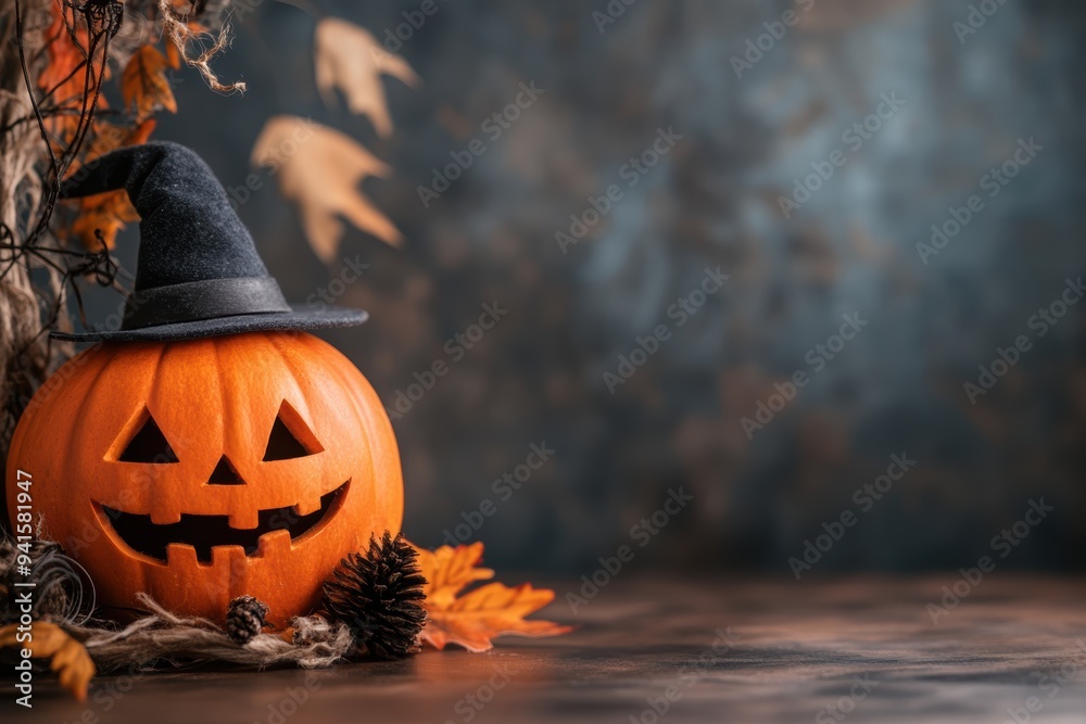 Naklejka premium A festive Halloween pumpkin with a playful face, adorned with a witch hat, surrounded by autumn leaves and pine cones.