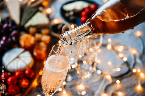Pouring sparkling wine or champagne served on the table for Christmas or New Year eve celebration.