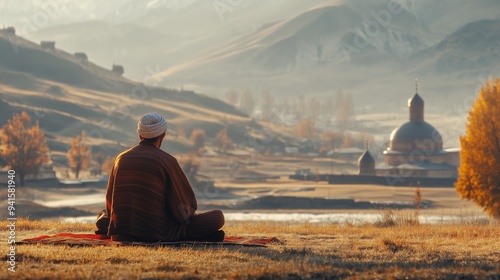 A devout Muslim man reads a prayer at dawn. Islamic traditions. Eid al-Adha. Ramadan.