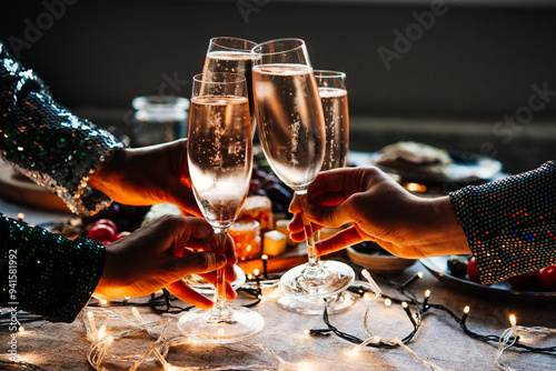 Canvas Print Friends celebrating Christmas or New Year eve party with champagne or sparkling wine