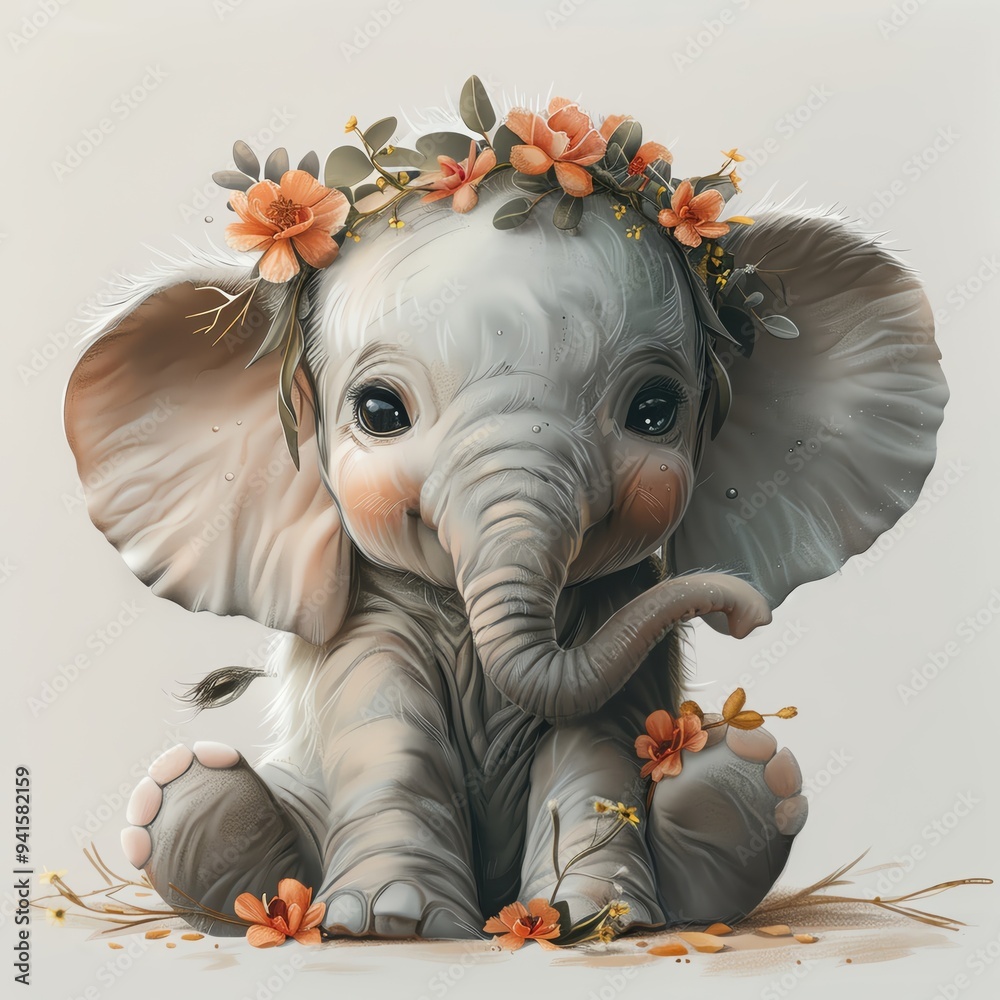 Cute baby elephant with a flower crown, perfect pastel tone, whimsical ...