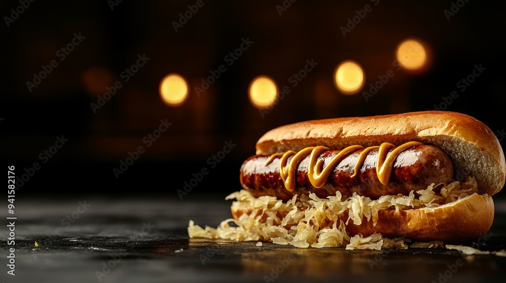 Bratwurst sausage sandwich, overflowing with sauerkraut and mustard, mouthwatering detail, 3D illustration Bratwurst sausage sandwich, overflowing with sauerkraut and mustard, mouthwatering detail, 3D illustration