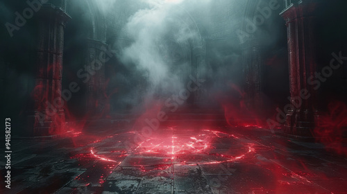 A dark, eerie ritual circle with glowing red symbols surrounded by mist in a gothic, ancient stone chamber