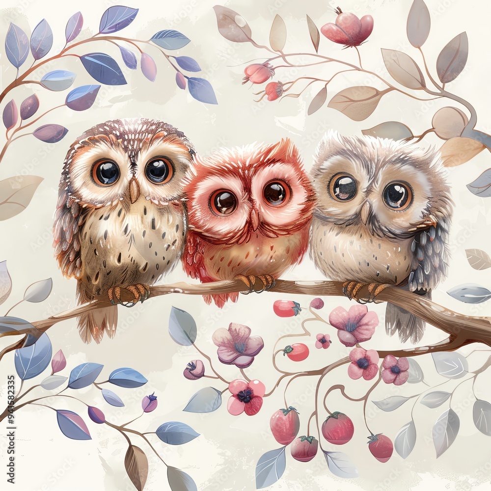 Fototapeta premium Cute owls perched on a tree branch, perfect pastel tone, whimsical style, high resolution, professional create, very detailed, high quality