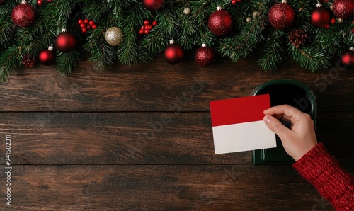 A festive scene with Christmas decorations and a hand holding a card, symbolizing holiday spirit and cultural celebration. photo