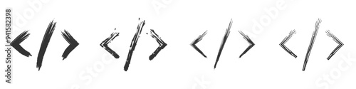 Vector illustration of coding brackets with a brushstroke effect in black and white.