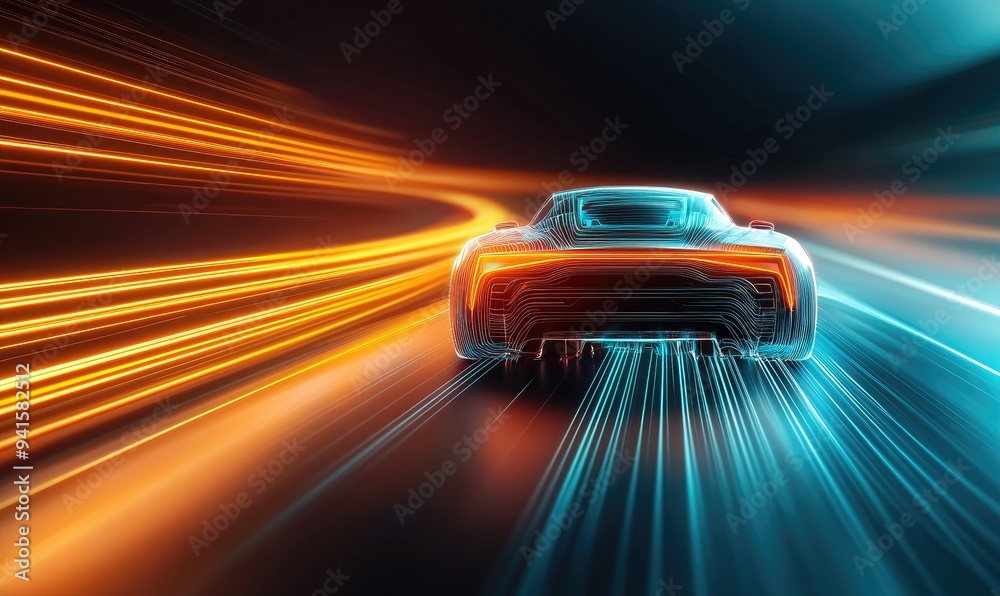 Obraz premium A futuristic car features sleek lines and vibrant light trails, evoking speed and innovation on a dynamic road.