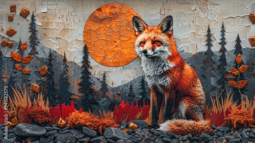 Vibrant Fox Collage Art with Textured Background and Forest Elements in Warm Autumn Colors photo