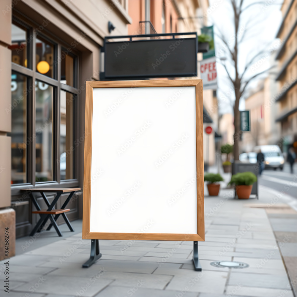 Blank Frame Sign on Sidewalk Outside Coffee Shop