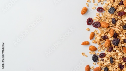 A healthy assortment of granola with almonds and dried fruits on a clean background, perfect for nutritious meal planning. photo