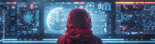 Hacker Infiltrating Futuristic Spaceship s Computer with Hologram Displays and Control Panels photo