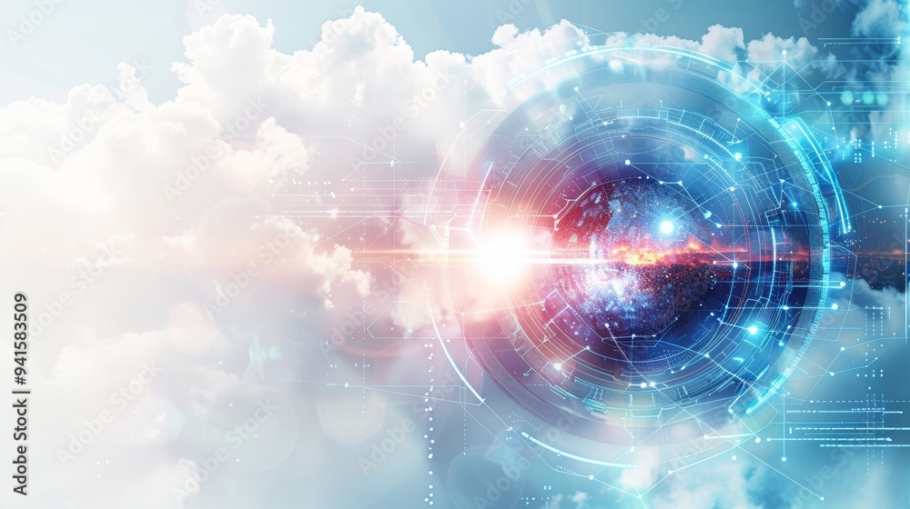 Fototapeta premium Innovative Cloud Computing Frame Border Background with Futuristic Digital Elements and Bright Sky