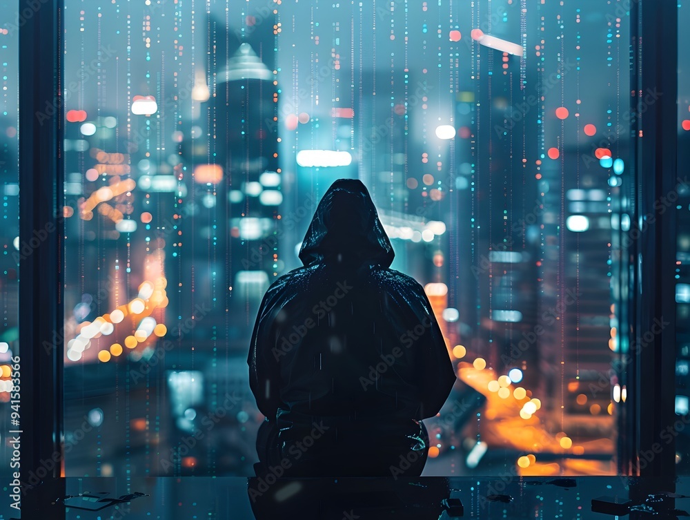 Hacker in a High Tech Penthouse Overlooking a Vibrant City Skyline Hacker in a High Tech Penthouse Overlooking a Vibrant City Skyline