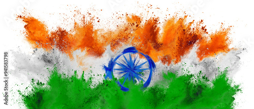 colorful flag of india with orange white green an blue color holi paint powder explosion isolated white background. indian  national asian travel and tourism concept.