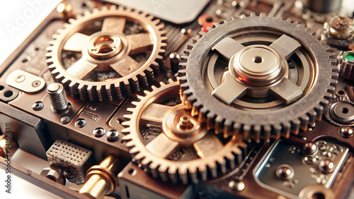 Interconnected gears with digital circuits on an isolated white background concept as Two interconnected gears with embedded digital circuits suspended on an isolated white background. The gears symbo