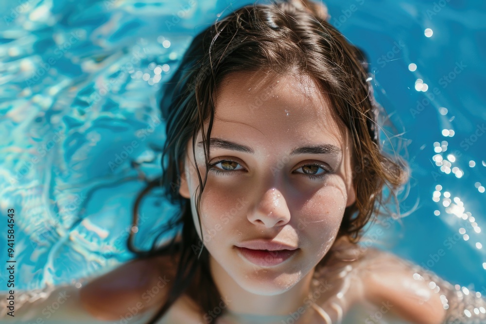 A person in a swimming pool looks directly at the camera A person in a swimming pool looks directly at the camera
