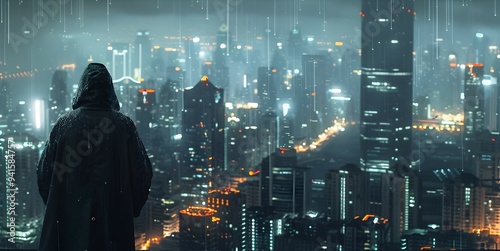 Hacker Infiltrating a Futuristic Digital Fortress with Intense Focus in Cityscape