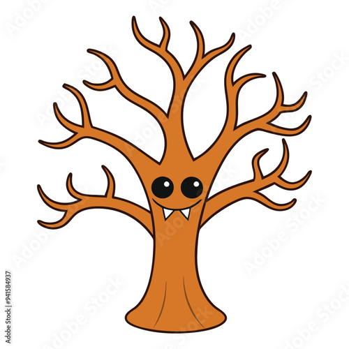 Creepy Halloween Tree. Color and Line Art Vector Silhouette Design