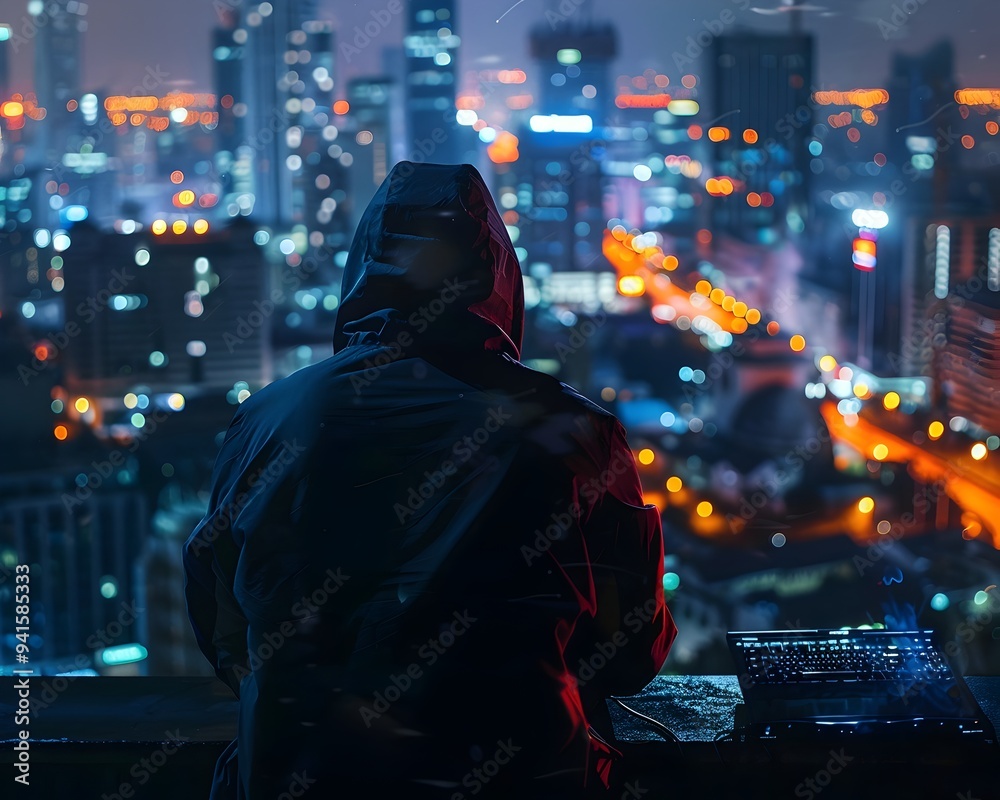 Hacker Working Intensely on Rooftop Overlooking Illuminated City Skyline at Night Hacker Working Intensely on Rooftop Overlooking Illuminated City Skyline at Night