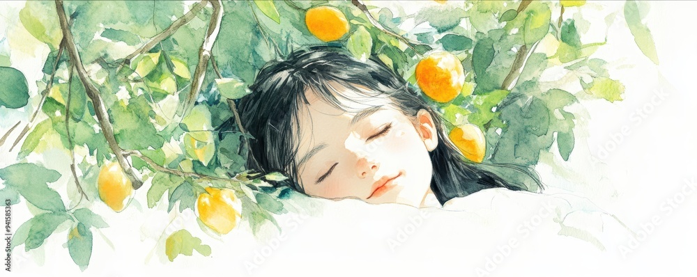 A serene scene of a young girl peacefully resting under a tree filled with ripe oranges, evoking a sense of calm and nature. A serene scene of a young girl peacefully resting under a tree filled with ripe oranges, evoking a sense of calm and nature.