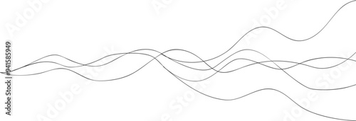 Thin wavy line pattern. Abstract wavy editable strokes. Simple linear design element. Black curve lines on white background. Flowing lines converging at one point. Dynamic wave motion vector Illustrat