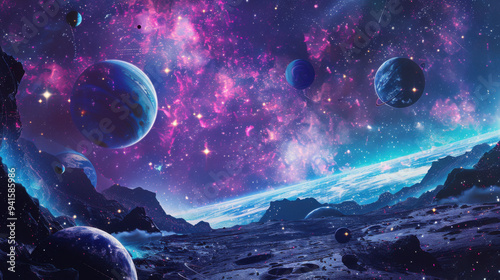 Space Odyssey backdrop in bold colors: Background: Cosmic scenes with planets, stars, and spaceships.
