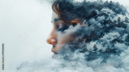 Dreamy Double Exposure of a Woman's Face Merged with Nature Elements like Trees and Clouds in a Surreal Artistic Style