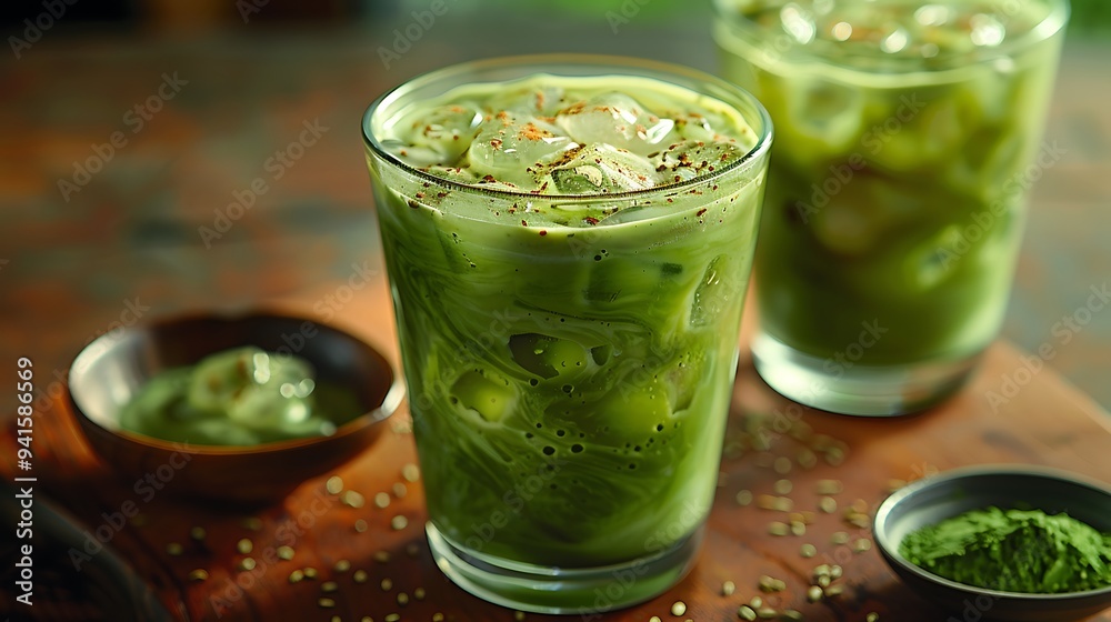 Iced matcha latte with oat milk swirl, Iced matcha latte with oat milk swirl,