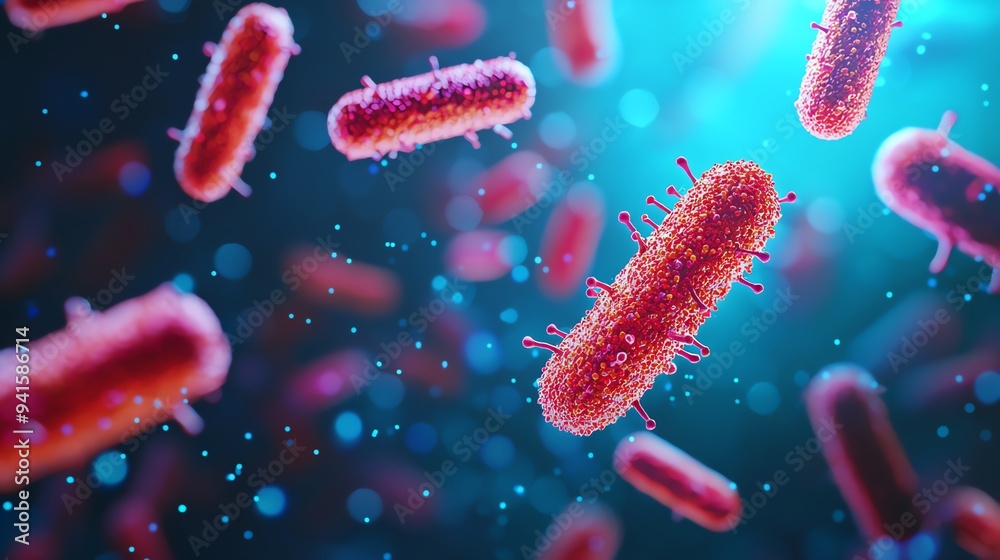 Microscope view, bacteria and cells, 3D illustration Microscope view, bacteria and cells, 3D illustration