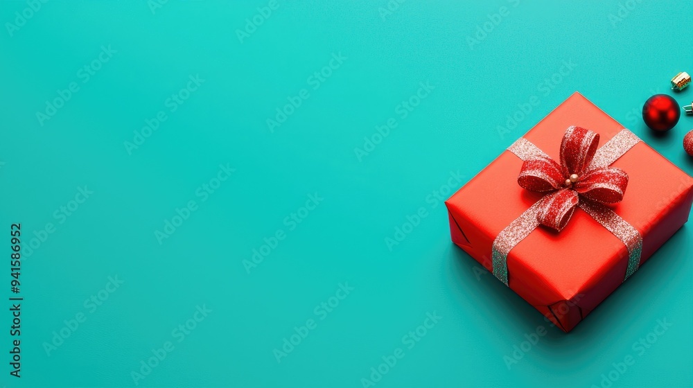 A vibrant red gift box with a shiny ribbon, set against a bright turquoise backdrop, perfect for holiday celebrations. A vibrant red gift box with a shiny ribbon, set against a bright turquoise backdrop, perfect for holiday celebrations.