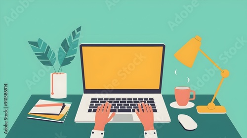 POV of Person working on laptop, yellow screen, office environment. coffee cup lamp pen and books.
