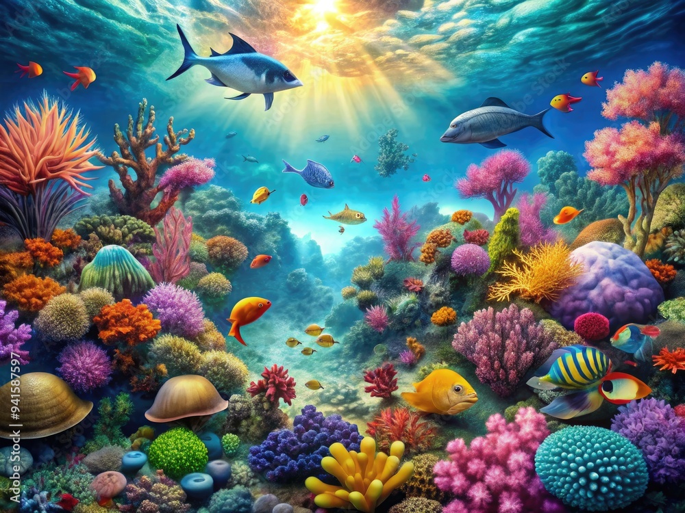 Fototapeta premium Chromatic Cretaceous: Focuses on the vibrant colors and patterns found in Cretaceous-era marine life, capturing the underwater world's enigmatic beauty.