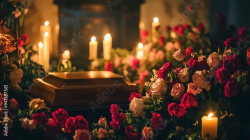 Candlelight Remembrance: A wooden casket rests adorned with vibrant roses and flickering candles, creating a poignant and solemn scene of remembrance and tribute.  photo