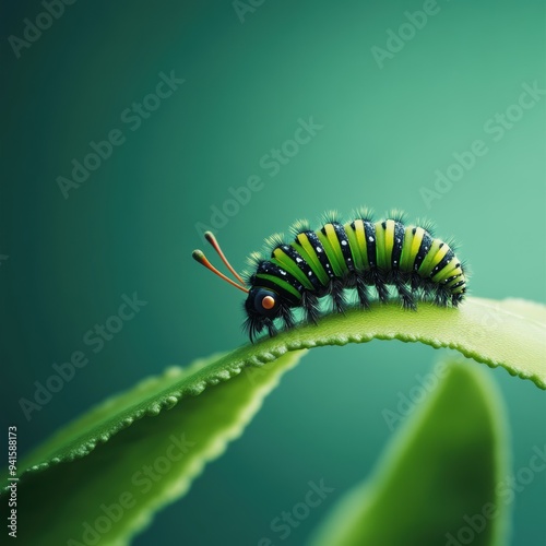 A vibrant green caterpillar resting gracefully on a leaf, showcasing nature's intricate beauty and delicate details.