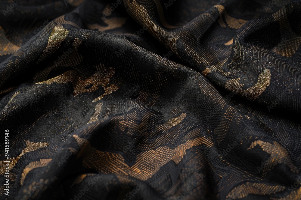 A close-up view of textured black and gold fabric A close-up view of textured black and gold fabric