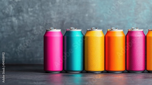 Colorful beverage cans arranged in a row against a textured background, perfect for vibrant commercial or creative use. photo