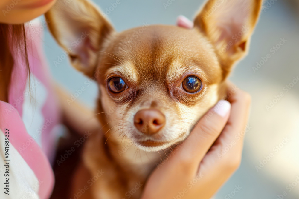 A person lovingly holds a small brown Chihuahua in a cozy outdoor setting during a sunny day A person lovingly holds a small brown Chihuahua in a cozy outdoor setting during a sunny day